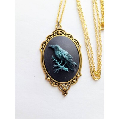 Green Iridescent Raven Crow Gothic Rockabilly Cameo Antique Gold Necklace bday