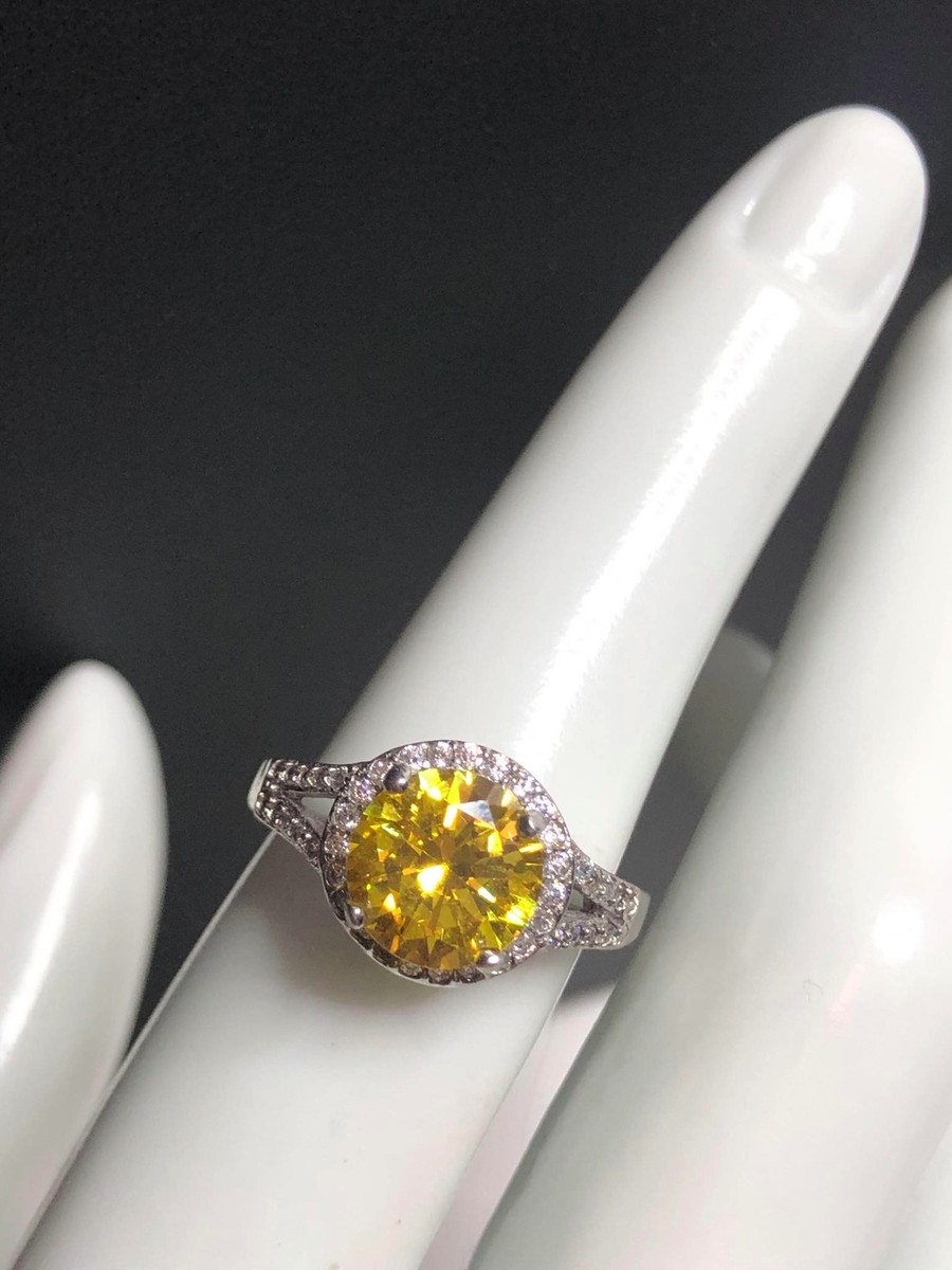 お値下げ！！指輪 1548 Sterling silver Signed S925 yellow CZ halo ring sz 6 3.8grams