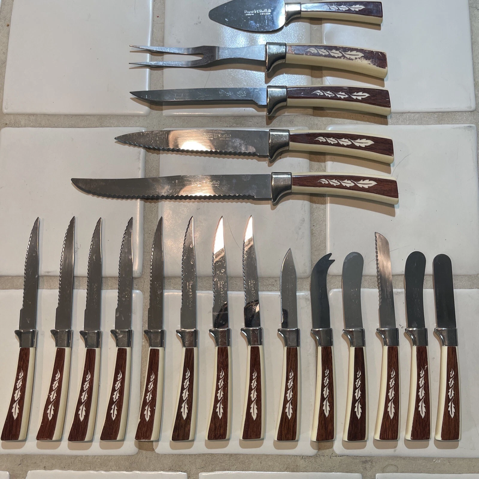 VTG Set Of 19 Regent Sheffield Knife Cream Autumn Leaves Handle Stainless