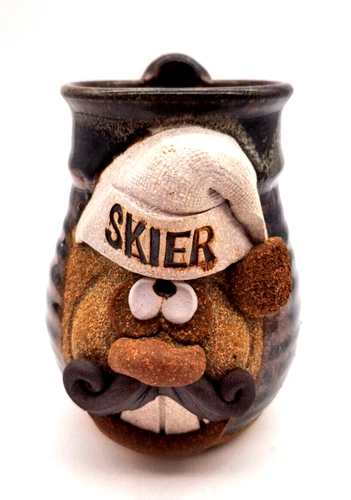 Vintage ROBERT EAKINS Signed Art Pottery Funny Face SKIER Mug