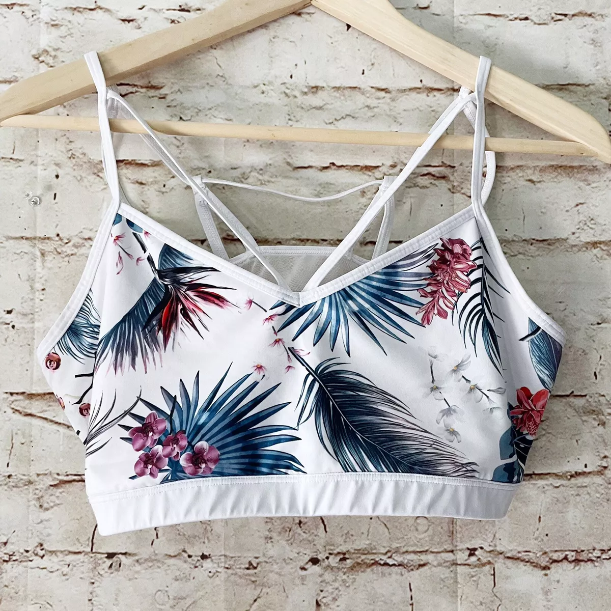 gap fit womens tropical floral sports bra size L white green multicolor