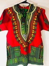 African Dashiki Short Sleeve Hooded Traditional Red Green Youth Size 12/14