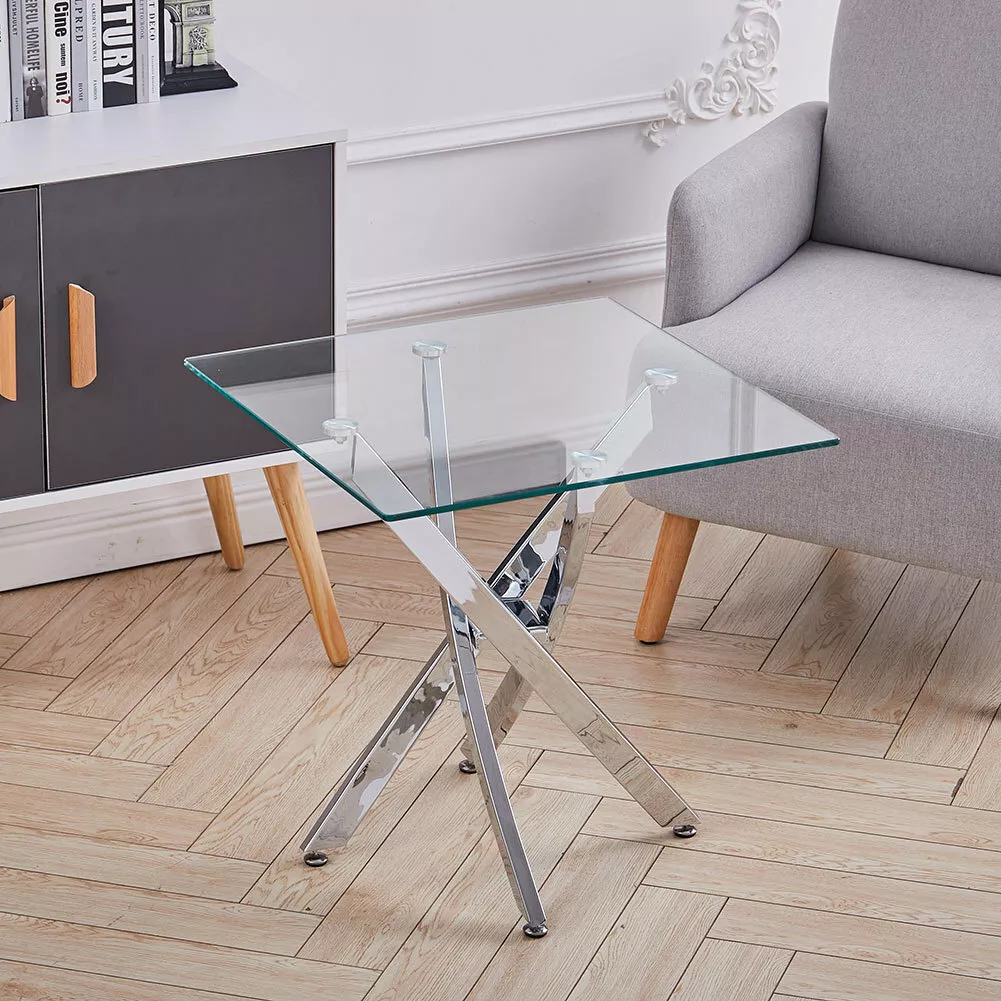Glass End Table Square Small Living Room Spiral Cross Chrome Leg Sofa Side Table