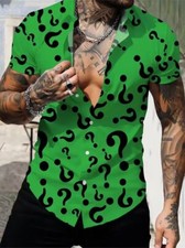 Camisa Botones Moda Hombres Negro Signo Interrogación Grafico Verde Manga Corta