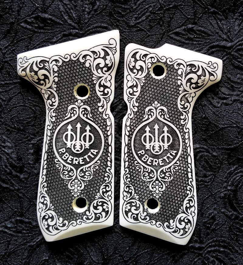 Beretta 92 92FS 96 custom 3d engraved ivory scrimshaw grips Trident Checkered