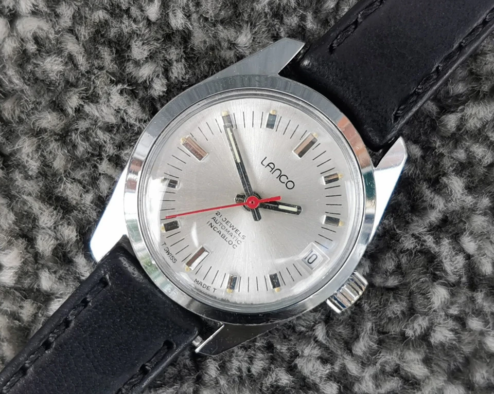 Reloj suizo LANCO vintage años 60 21 joyas, esfera plateada, fecha, correa de cuero Foto 4 de 4