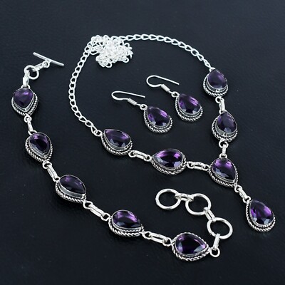 Amethyst Handmade Sterling Silver Necklace+ Earring Jewelry Set Gifts For Love
