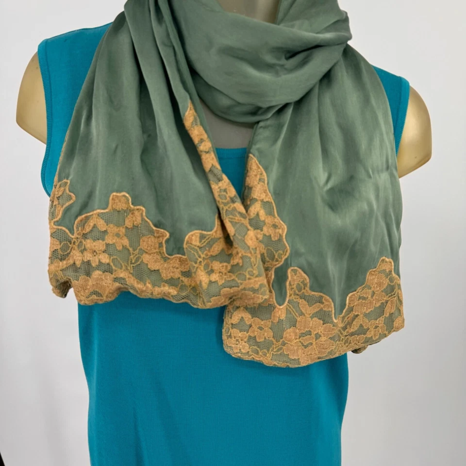 DKNY 100% Seda Bufanda Moda Floral Encaje Ribete En Verde Salvia Beige Foto 4 de 4