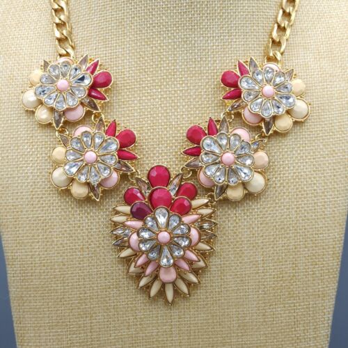 Joan Rivers Signed Pink Rhinestone Enamel Bib Gold Tone Statement Necklace 20" - Picture 4 of 9