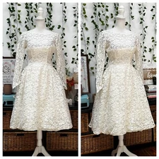 Vintage 60s White Lace Tea Dress Bridal Wedding Lorrie Deb Mod Party XS/S
