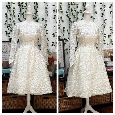 Vintage 60s White Lace Tea Dress Bridal Wedding Lorrie Deb