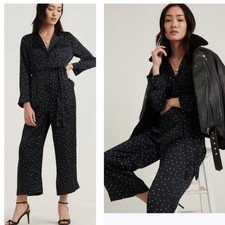 Lucky Brand Womens Printed Satin Jumpsuit Black Multi Polka Dots Size XS