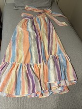 LULUS Kelia Striped Midi Dress M Peach Multi Strapless Ruffle With Scarf