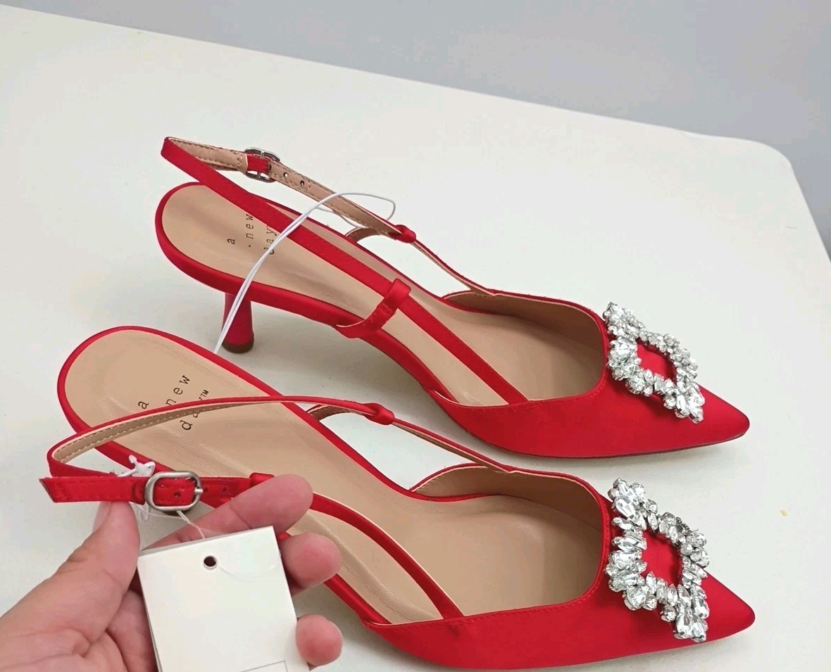 A New Day Womens Annette Satin Slingback Heels with Memory Foam Insole Red Sz 11