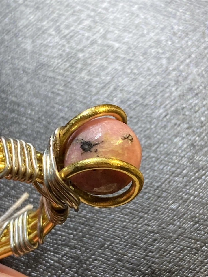 美丽亮粉色罗敦石球套装黄铜钢丝包裹戒指尺寸 11 — 第 3/4 张图片