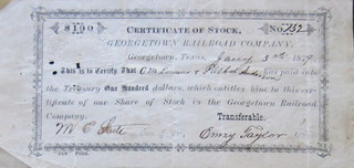 Georgetown Texas Railroad Stock Certificate 1879