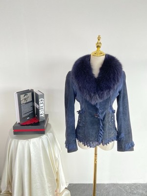 Women's Navy Suede Faux Fox Fur Collar Jacket US Size XS/S