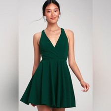 Lulu's Wonder Whirl Dark Green Twist Back Skater Dress - Size L
