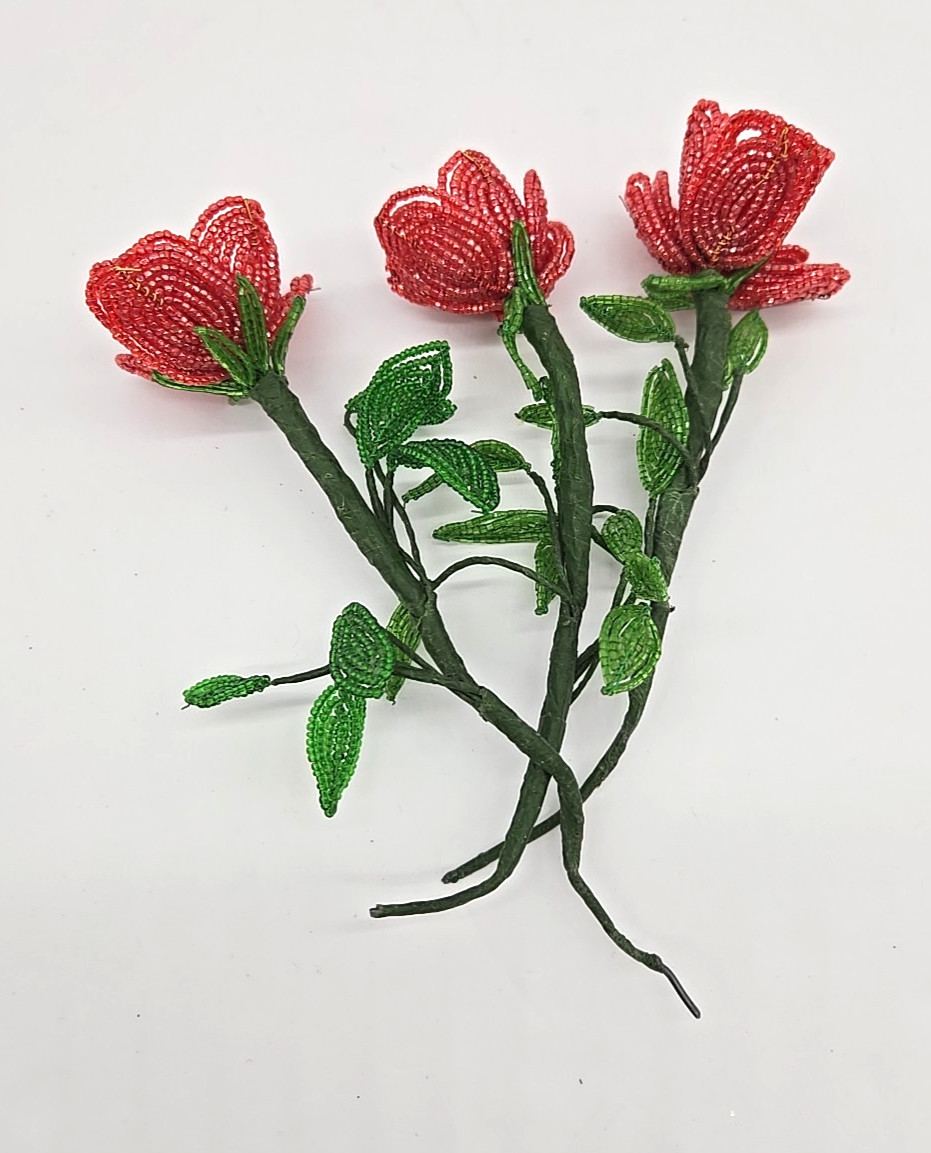 Vtg French Beaded Red Flower Rose 3 Stems Seed Bead Leaves Handmade Poseable