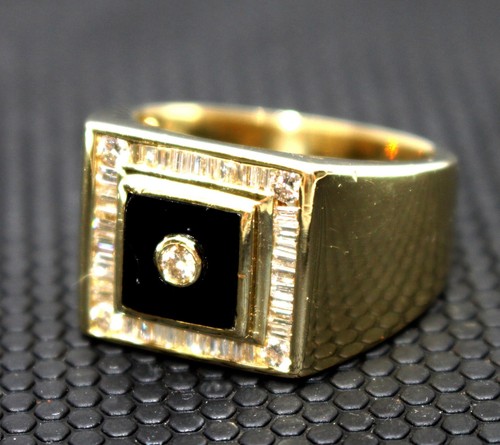 Anillo distintivo de oro amarillo macizo de 14K con sello de ónix y diamantes redondos de ónix para hombre - Imagen 2 de 14