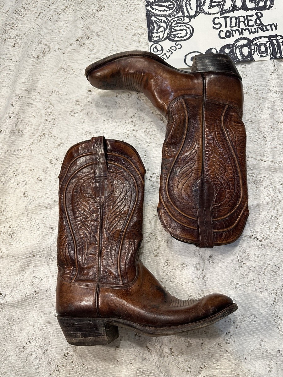 Vintage Lucchese Men’s Brown Leather Glossy Cowboy Boot Size US 8.5 D Lucchese vintage cowboy boot - Gem main image 4