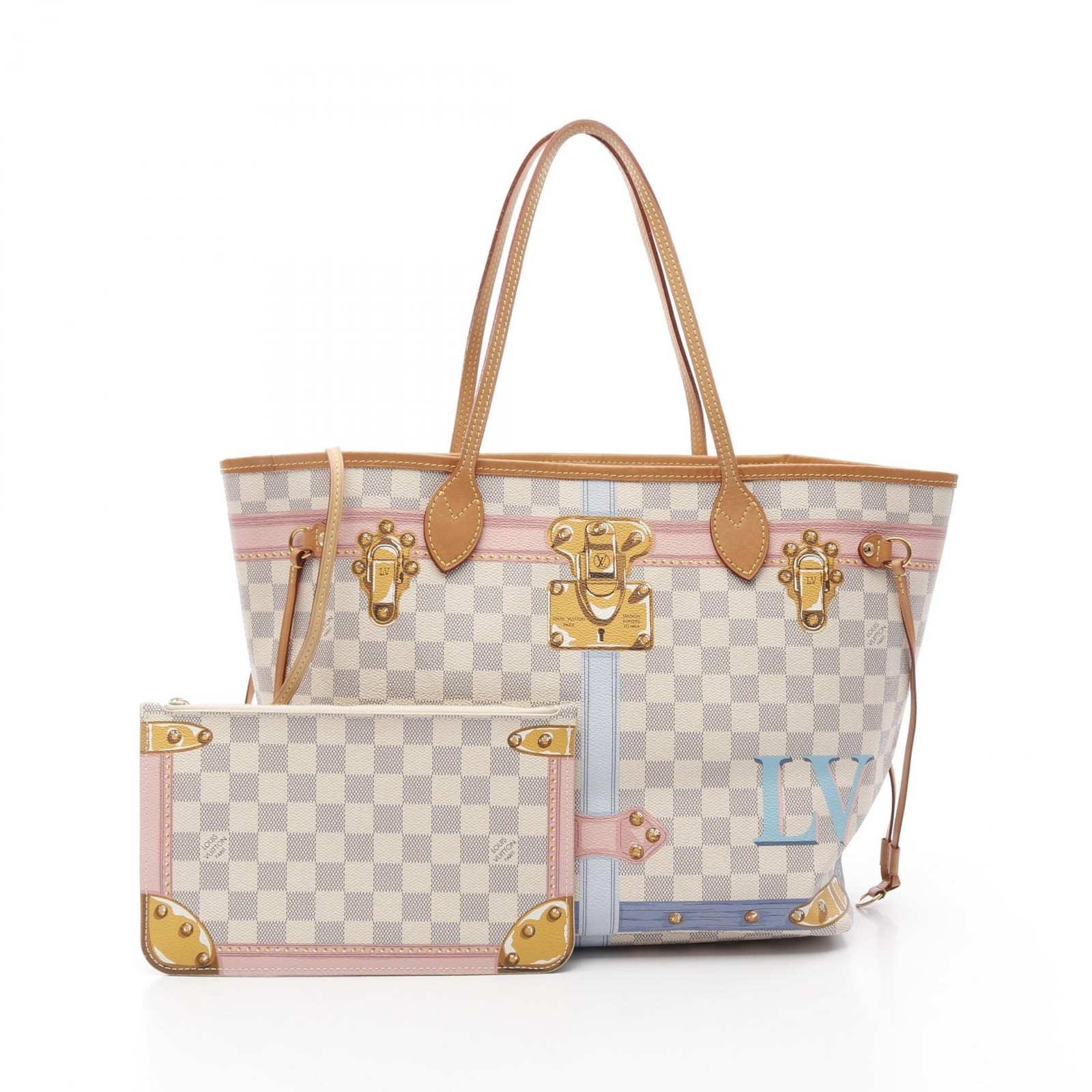 Louis Vuitton Neverfull MM Summer Trunk Tote Damier Azur N41065 Pre-Owned Women's Bag