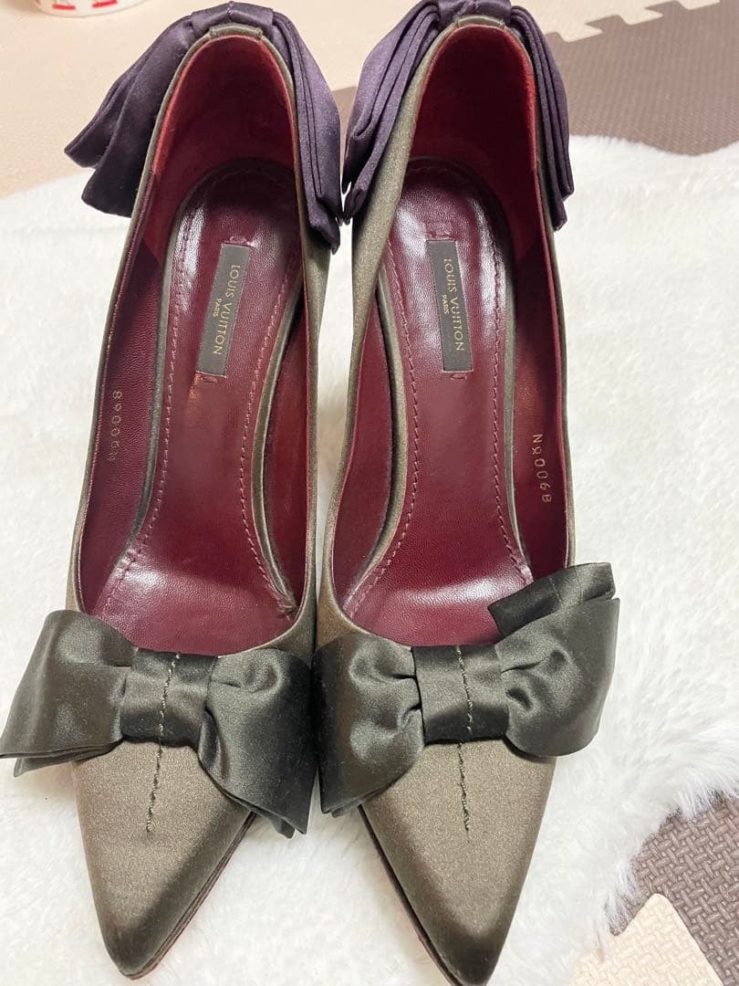 LOUIS VUITTON Pumps Heel Ribbon Satin Olive Green EU38/US8 115942c