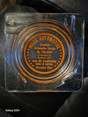 Vintage Mills Auto Service Ashtray Newfane N.Y. 4inx4in