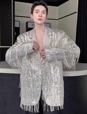 Men Lapel Long Sleeve Spring Sequins Tassel Shiny Stage Party Shirt Coat Jacket