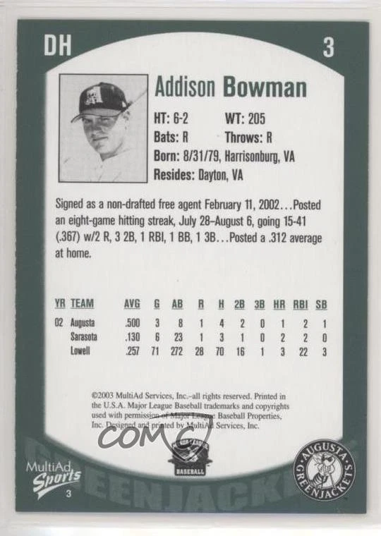 2003 MultiAd Sports Augusta GreenJackets Addison Bowman #3 - Image 2 of 2