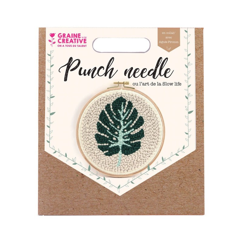 Canevas de broderie punch needle monstera en fil de coton haut de gamme avec cadre en bambou