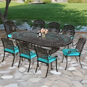 9 Pcs Outdoor Patio Dining Set Furniture Backyard w/ Large Oval Table 8 Chairs