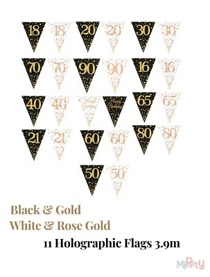 Party-Wimpelkette Schwarz-gold Holografisch – 11 Flaggen, 3,9 M, Für Geburtstag & Feiern