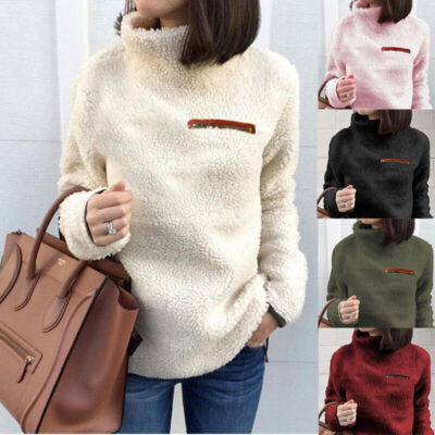 Damen Winter Warm Fleece Stehkragen Teddyfell Pullover Sweater Jacke Pulli-Tops