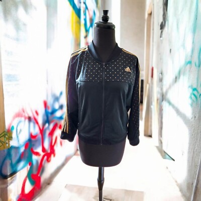 Adidas Black Rose Gold Polka Dot Track Jacket Full Zip Girls 14
