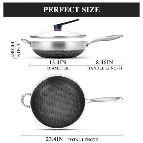 13-INCH LARGE WOK STAINLESS STEEL NONSTICK FRYING PAN W/ LID BRUSH FOR INDUCTION - Picture 13 of 13