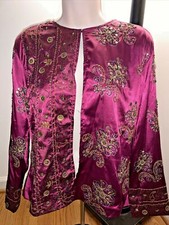 CHICO'S Size 1 Medium Fuchsia Jacket Sequin Bead Charm Accents Blazer tb11j13