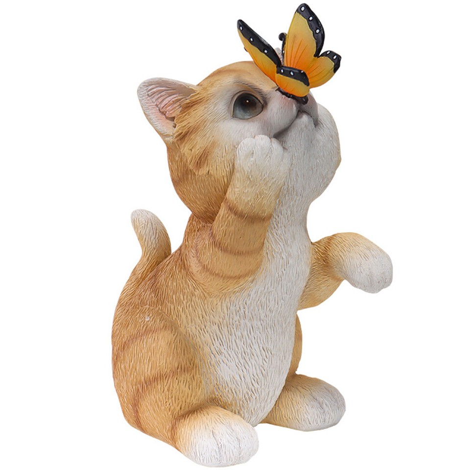 Cat Statue with Butterfly Solar Lantern Waterproof Cat Sculpture for