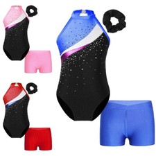 Girls Shiny Bodysuit and Shorts Ballet Dance Gymnastics Leotard Sports Tracksuit