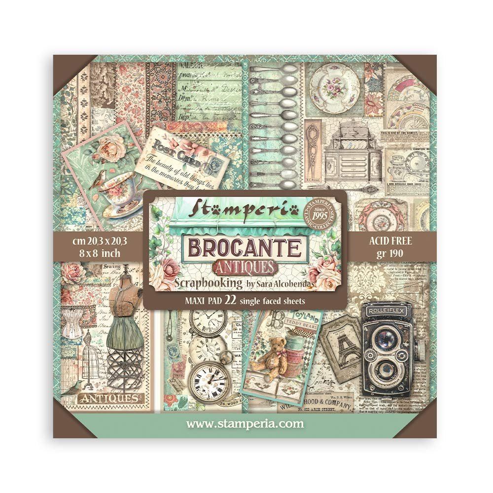 Blocco da 22 carte Scrap Brocante Antiques 20 x 20 Stamperia