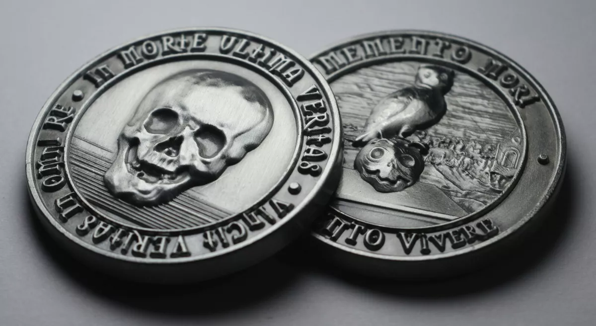 MEMENTO MORI VIVERE Reminder Coin. Antique Nickel. Owl Death
