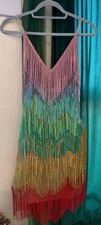 Sexy, metalic, sleeveless, multi-coloured fringe short free party sequin gown.