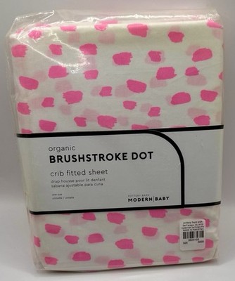 NWT Pottery Barn Modern Baby ORGANIC BRUSHSTROKE Crib Sheet NEON PINK/WHITE dots