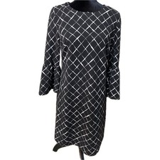 Calvin Klein Womens 10 Black White Windowpane Bell Sleeve Sheath Dress Textured