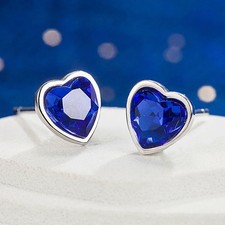 925 Sterling Silver Heart Blue Crystal Stud Earrings   Women