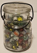 Vintage Marble Lot Cats Eye Ribbon Swirls Mix Lot of 112 w/ Ball Jar