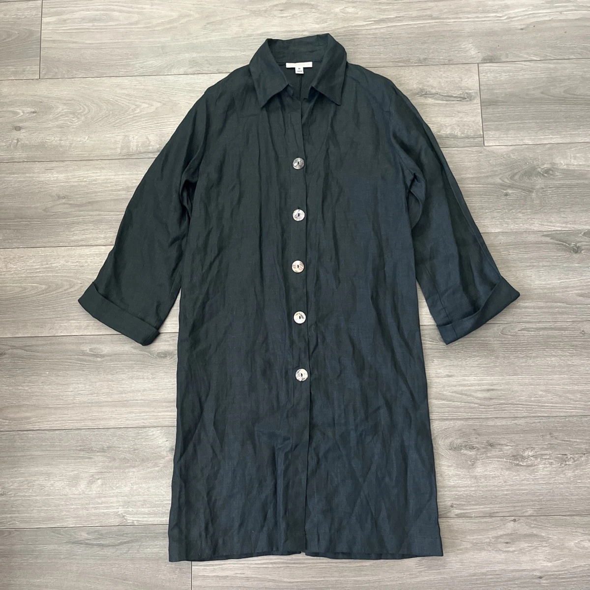 chinese dress ladies Black linen shirt dress with mother of pearl buttons and pockets main image 0