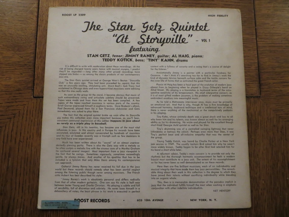 Stan Getz – At Storyville - 1956 - Royal Roost RLP 2209 Vinyl LP VG/VG+ - Image 2 of 4
