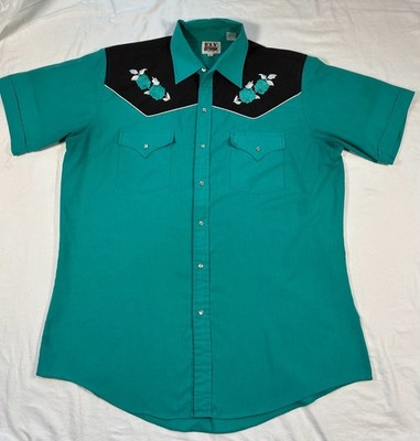 Vintage Ely Cattleman Teal Embroidered Floral Pearl Snap Short Sleeve Western Sh