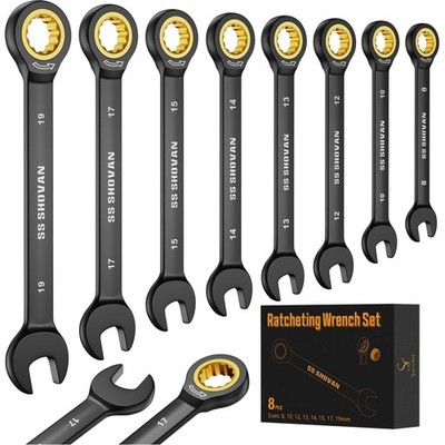 8-Piece Ratchet Wrench Set 8-19 mm, Combination Spanner Set with 72 Teeth, Cr...